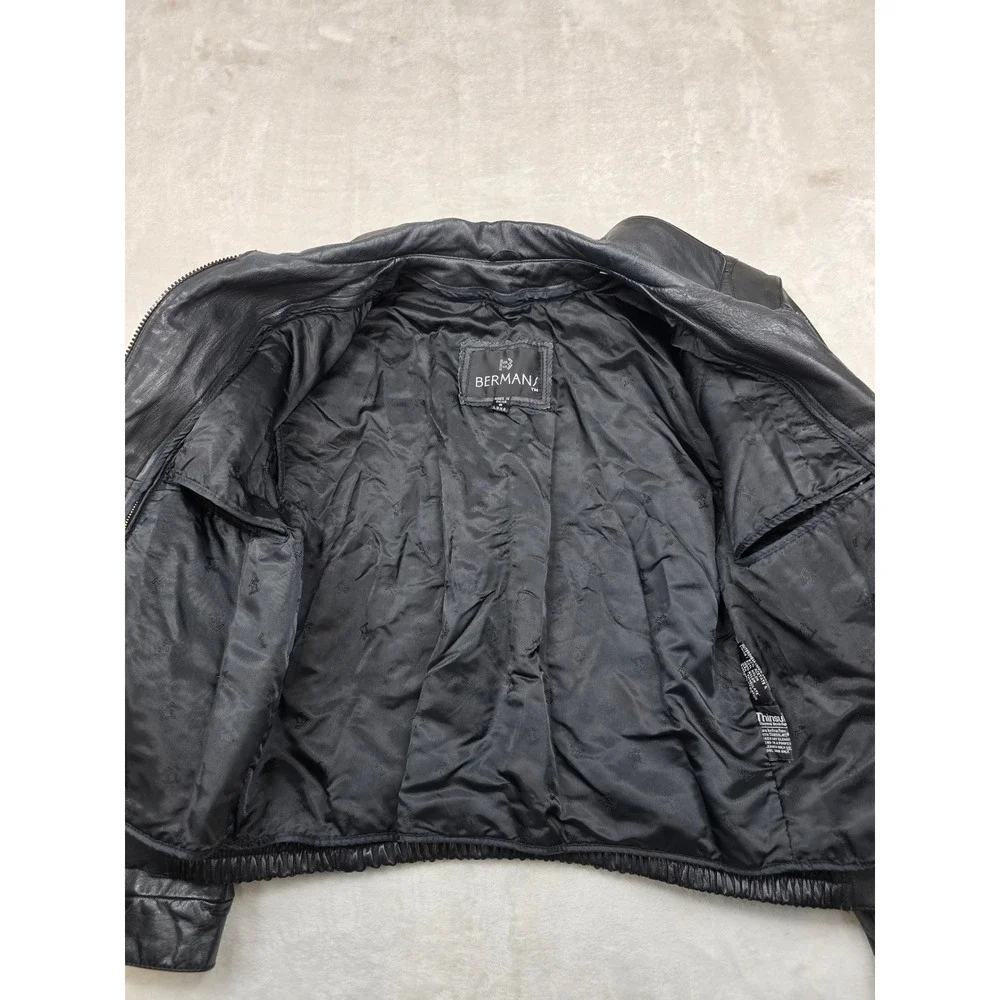 Bermans Leather Bomber Jacket Mens Small Long Black Thinsulate Removable Vintage